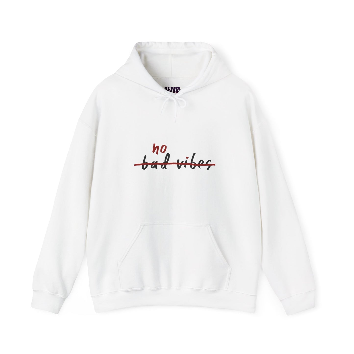 The No Bad Vibes Hoodie is an eco-friendly, trendy garment that showcases the phrase "no bad vibes," with "bad vibes" creatively crossed out in black and red. It features a front pocket and drawstrings, enhancing both comfort and style.
