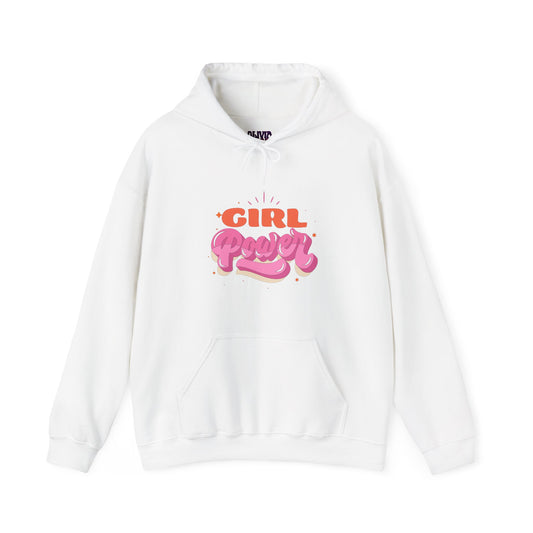 The Girl Power Hoodie is a symbol of empowerment, featuring the phrase "Girl Power" boldly printed in vibrant pink and orange retro font on the front, surrounded by decorative sparkles. It's an ideal choice for celebrating women's rights events.