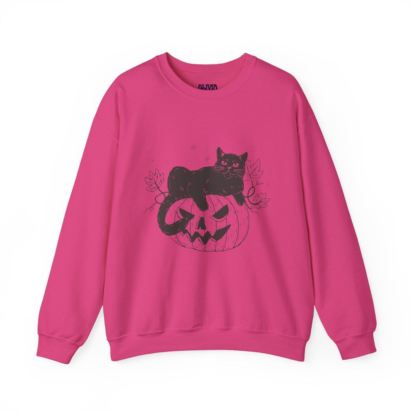 The PUMPKIN CAT SWEATSHIRT is ideal for cat and Halloween fans, featuring a vibrant pink color with a black illustration of a cat relaxing on a carved pumpkin. Surrounded by autumn leaves, this cozy design offers an irresistibly festive and fall-themed appearance.