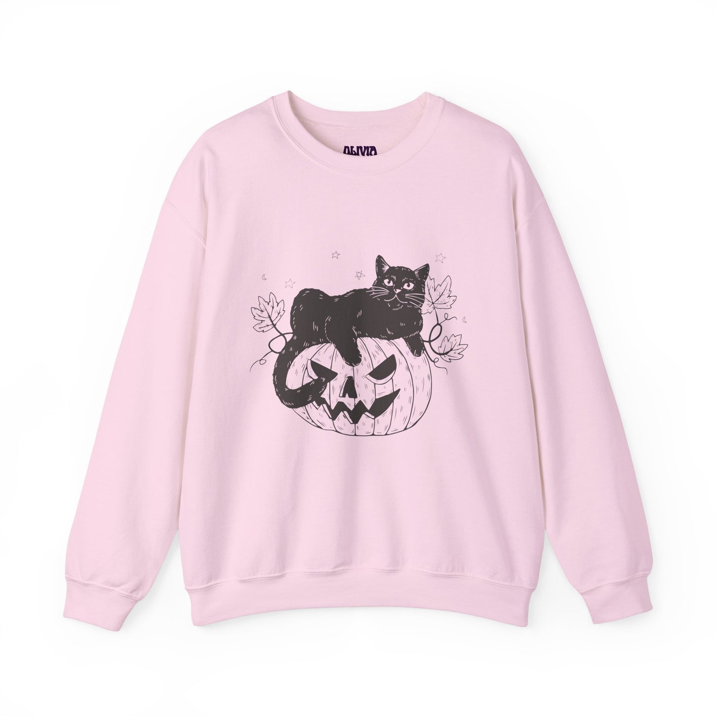 Introducing the PUMPKIN CAT SWEATSHIRT, a light pink sweatshirt ideal for cat lovers. It showcases a playful black cat resting on a carved jack-o-lantern, complemented by autumn leaves and stars to create a festive Halloween atmosphere.