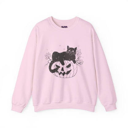 Introducing the PUMPKIN CAT SWEATSHIRT, a light pink sweatshirt ideal for cat lovers. It showcases a playful black cat resting on a carved jack-o-lantern, complemented by autumn leaves and stars to create a festive Halloween atmosphere.