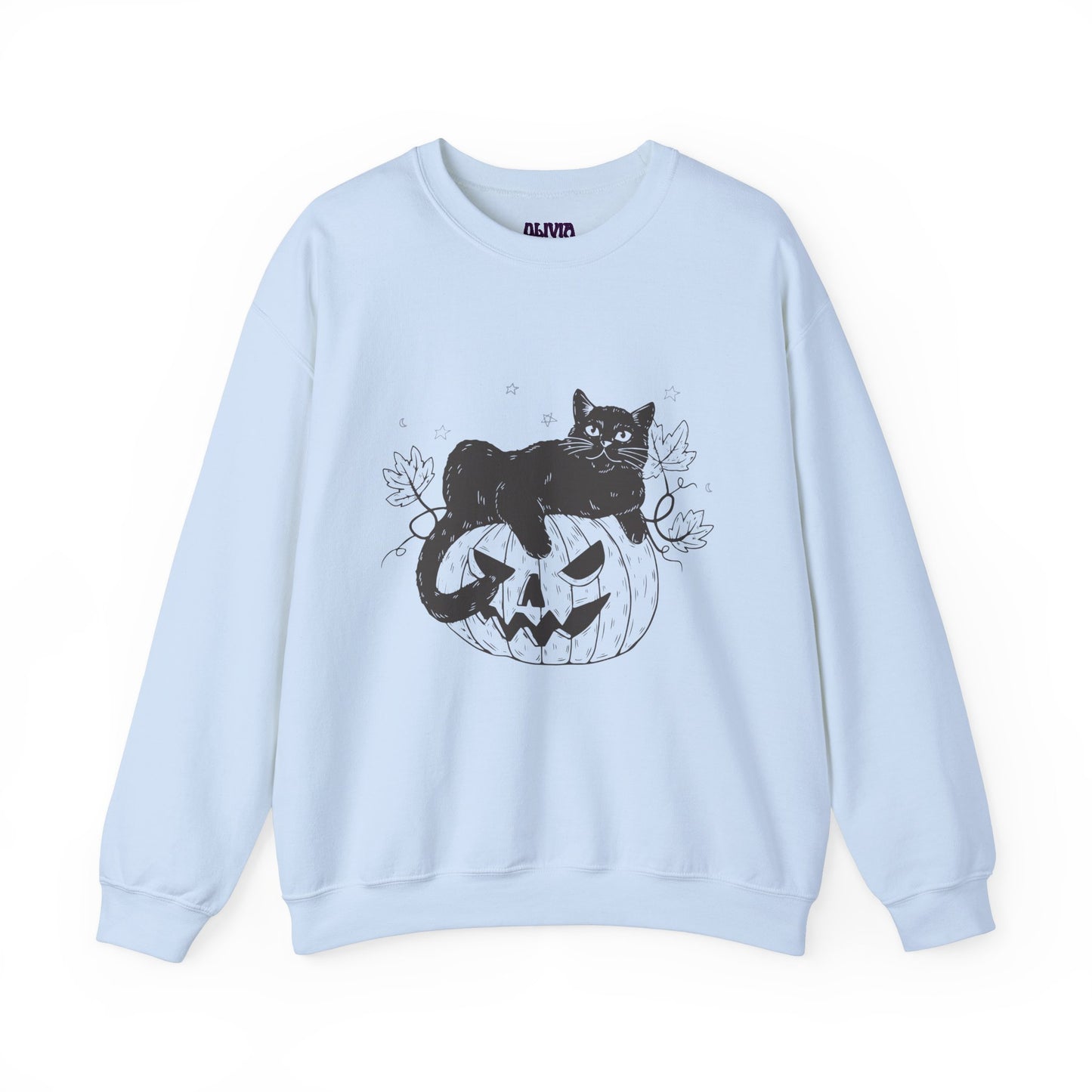 Introducing the PUMPKIN CAT SWEATSHIRT, a light blue sweatshirt ideal for Halloween enthusiasts and cat lovers. It showcases a playful black cat lounging on a grinning carved pumpkin amidst leaves and stars, perfectly capturing the festive charm of Cats and Halloween themes.