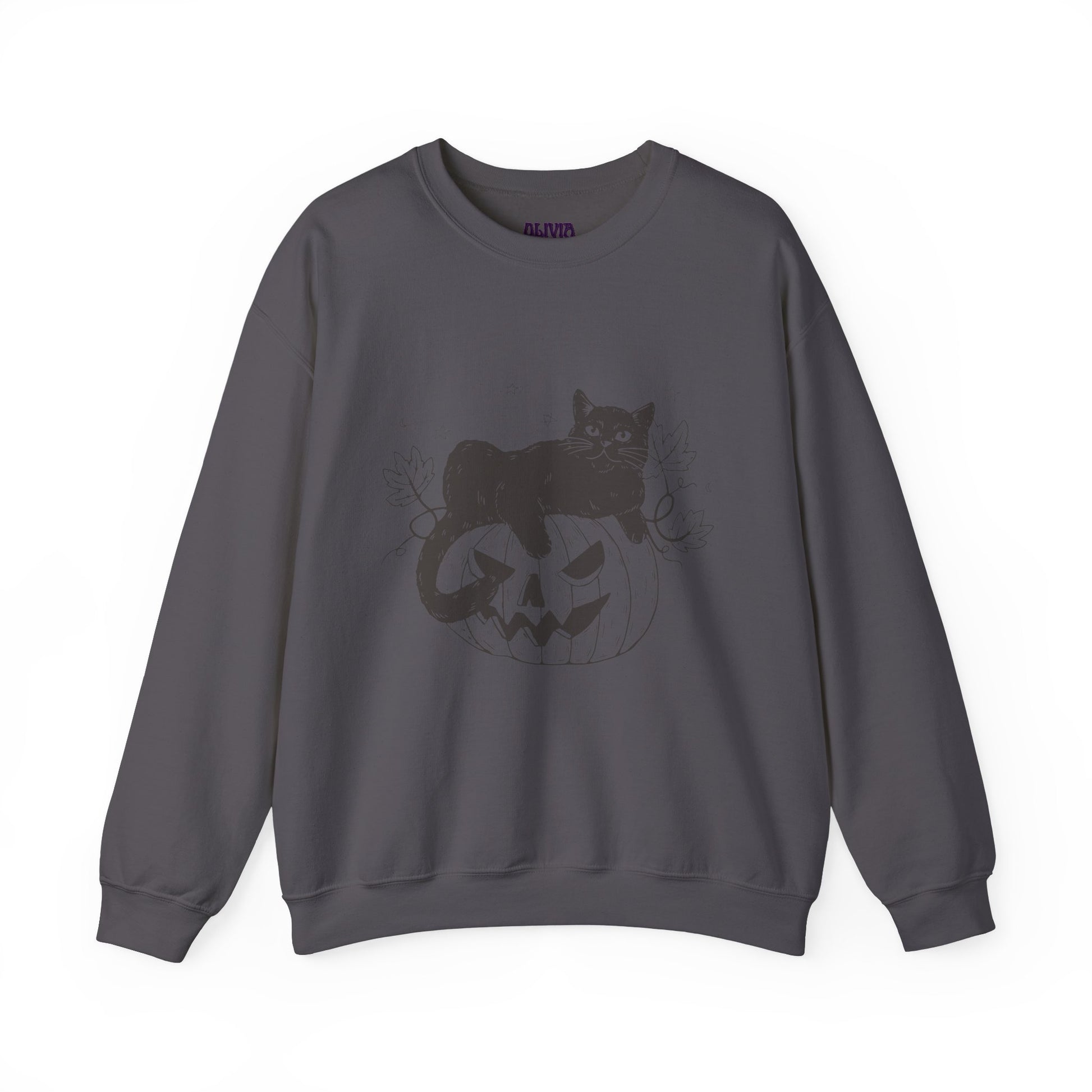 The PUMPKIN CAT SWEATSHIRT is ideal for Halloween lovers, showcasing a black cat perched on a carved pumpkin with a jack-o-lantern face. This dark gray sweatshirt features a subtle design accented by small branches and is set against a plain white backdrop, emphasizing its Cats and Halloween theme.